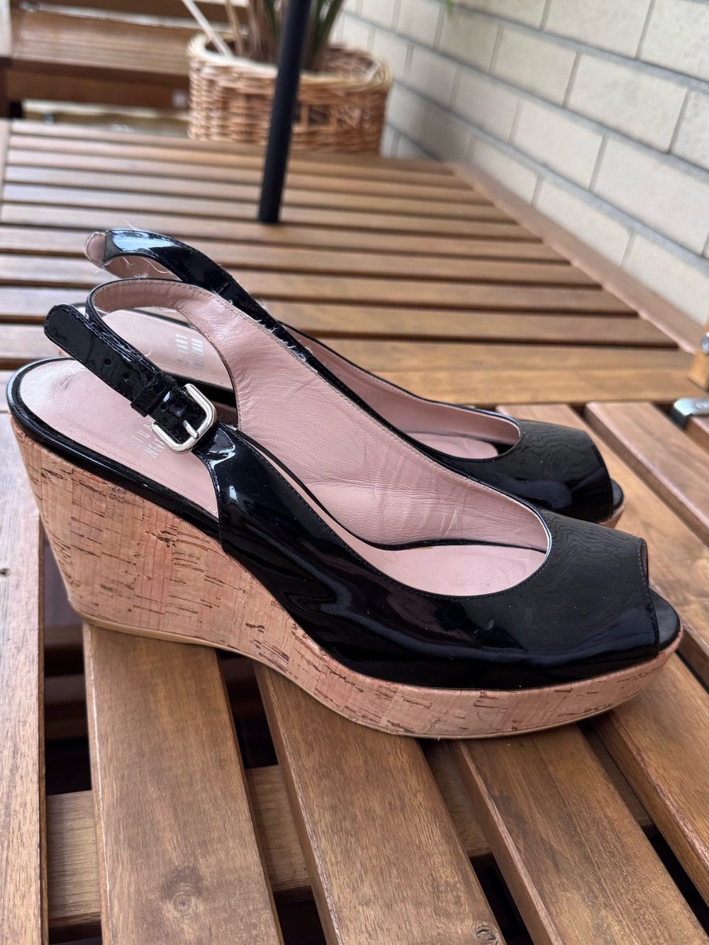 Stuart Weitzman Black Patent Peep-Toe Slingback Wedges - Picture 2 of 8